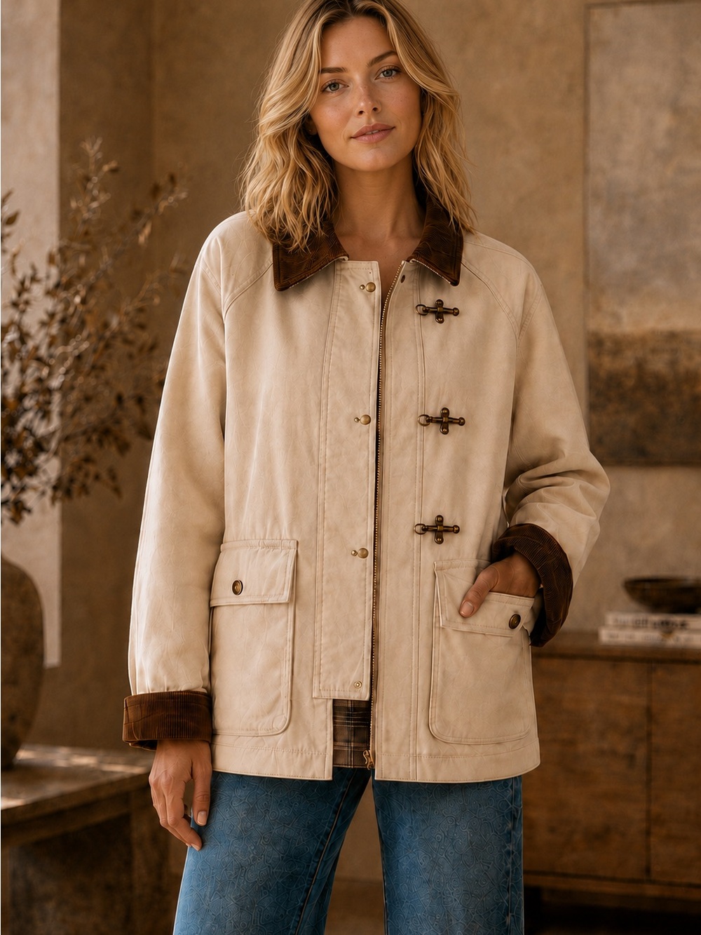 Gorgeous Fall Beige Heartloom Jacket with Brown Contrast Curdoroy Collar